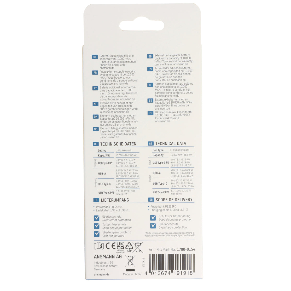 Ansmann Powerbank PB222PD 10.000mAh, schnellladefähig, ultrakompakt und leicht