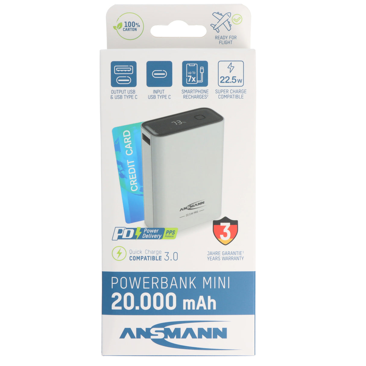Ansmann Powerbank PB222PD 20.000mAh, schnellladefähig, ultrakompakt und leicht, weiß