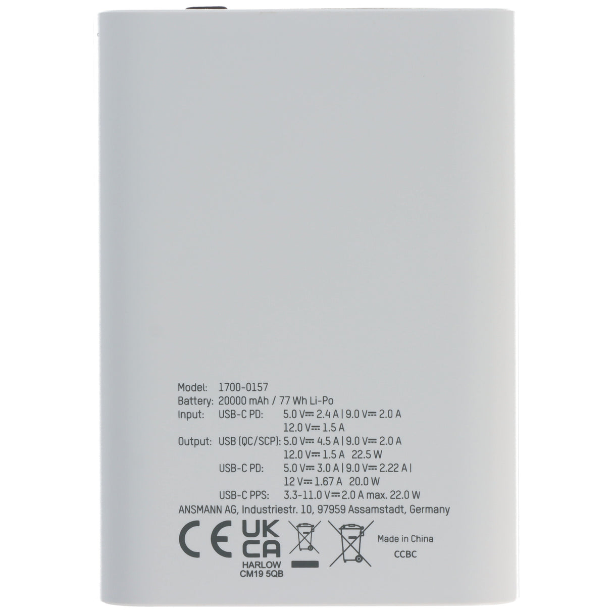 Ansmann Powerbank PB222PD 20.000mAh, schnellladefähig, ultrakompakt und leicht, weiß