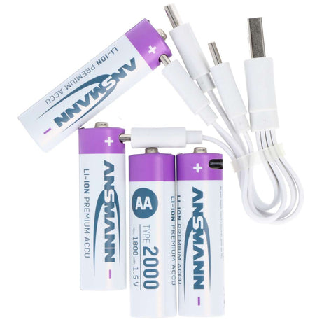 Ansmann Mignon AA 1,5V Lithium-Ionen Akkus, min. 1800mAh typ. 2000mAh, inkl. 4in1 USB-C Ladekabel, 4er Papierblister