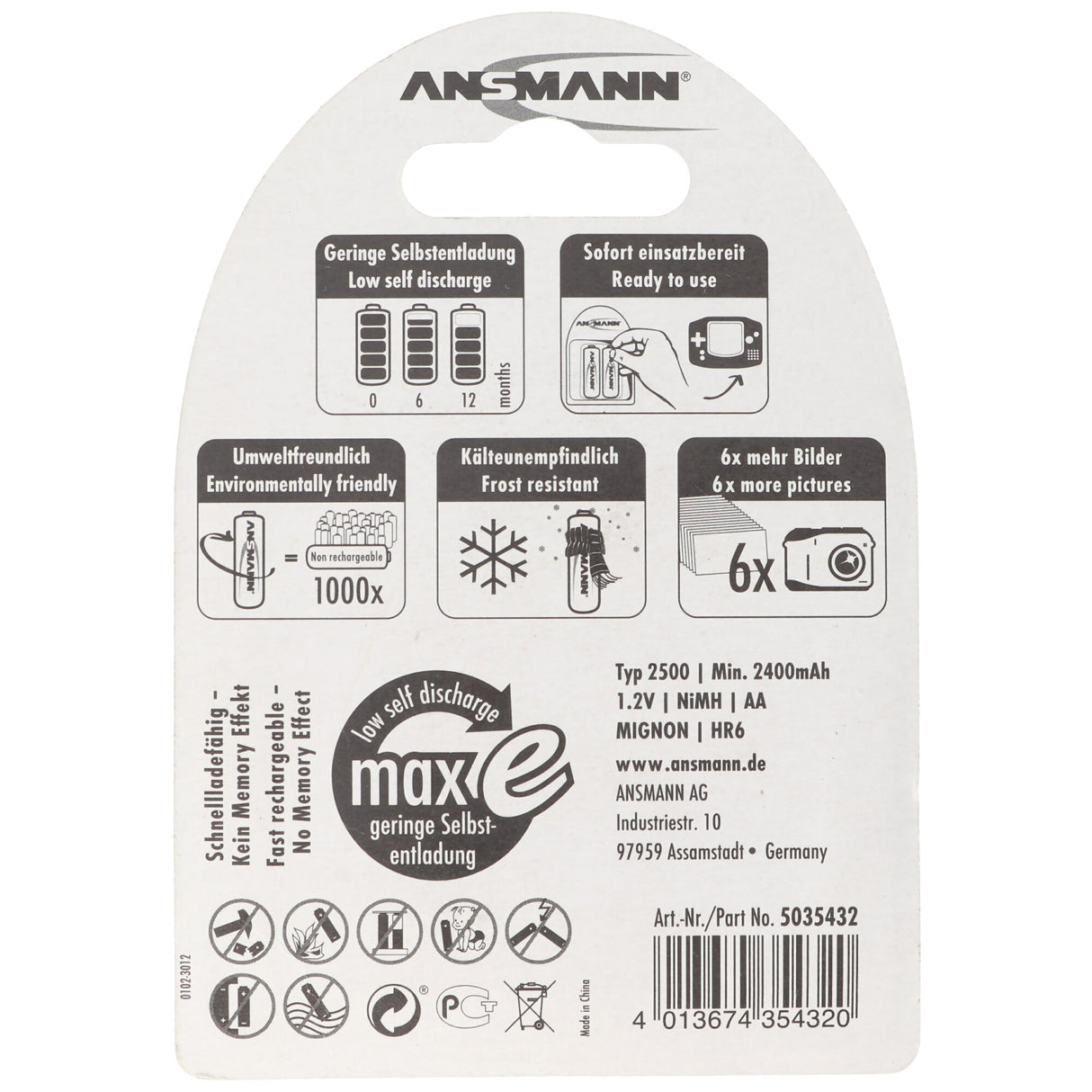 Ansmann maxE plus NiMH-Akku Mignon AA 2500mAh 2er Blister