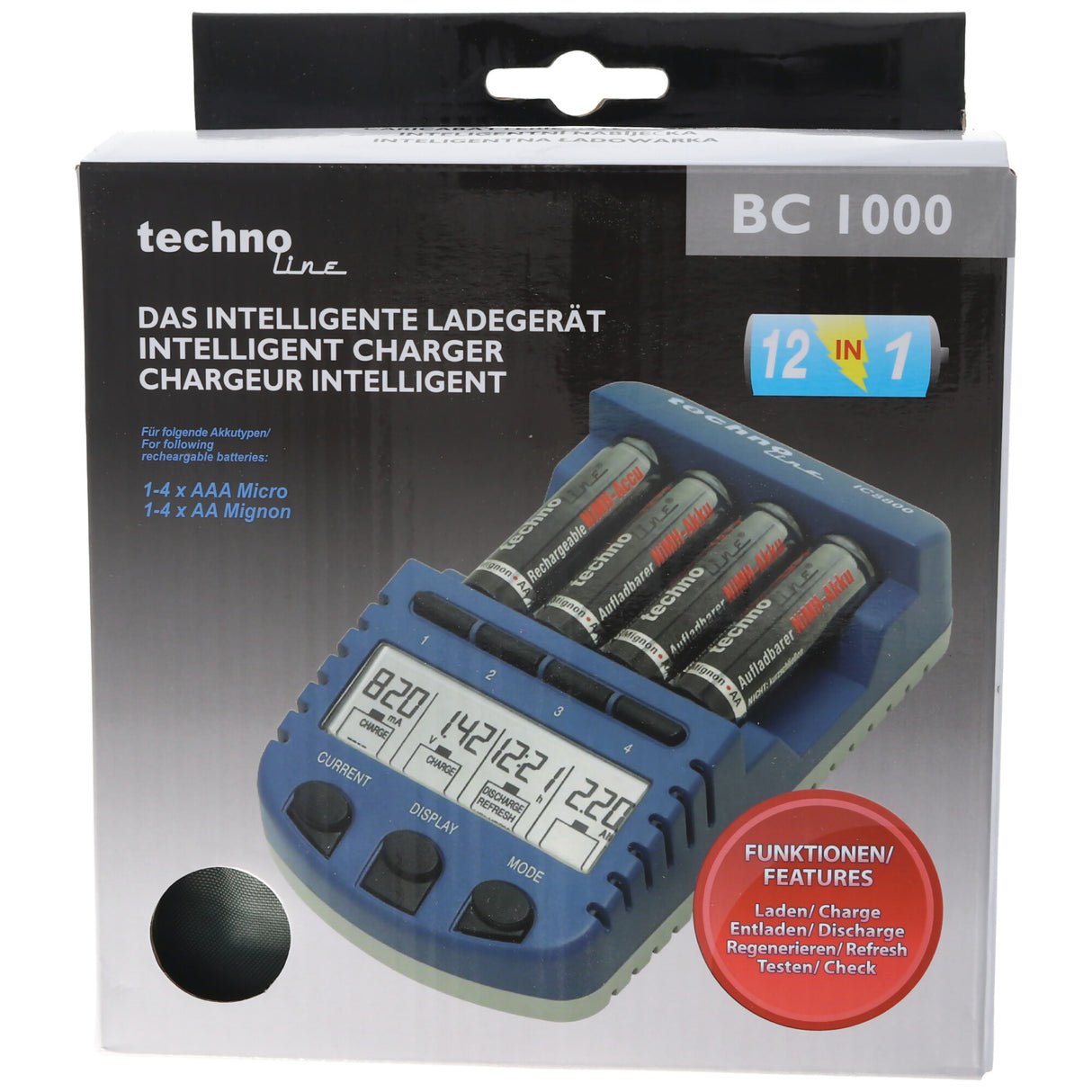 Technoline BC1000 Schnell-Ladegerät mit LCD-Display, Entladefunktion, Akku