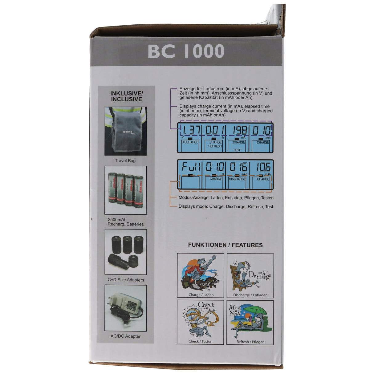 Technoline BC1000 Schnell-Ladegerät mit LCD-Display, Entladefunktion, Akku