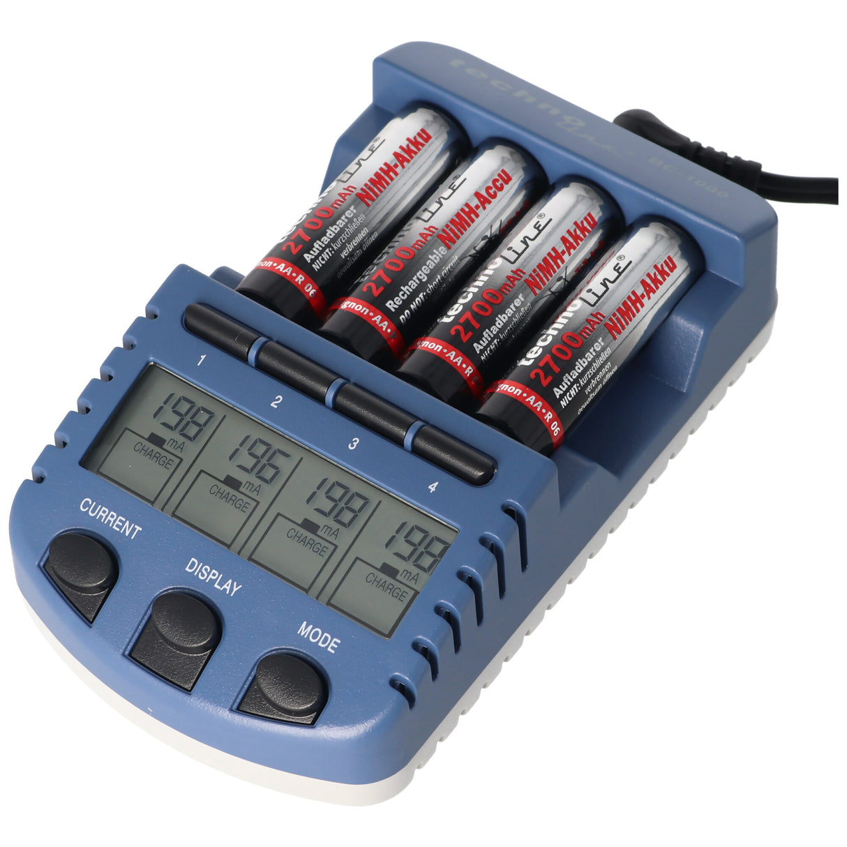 Technoline BC1000 Schnell-Ladegerät mit LCD-Display, Entladefunktion, Akku
