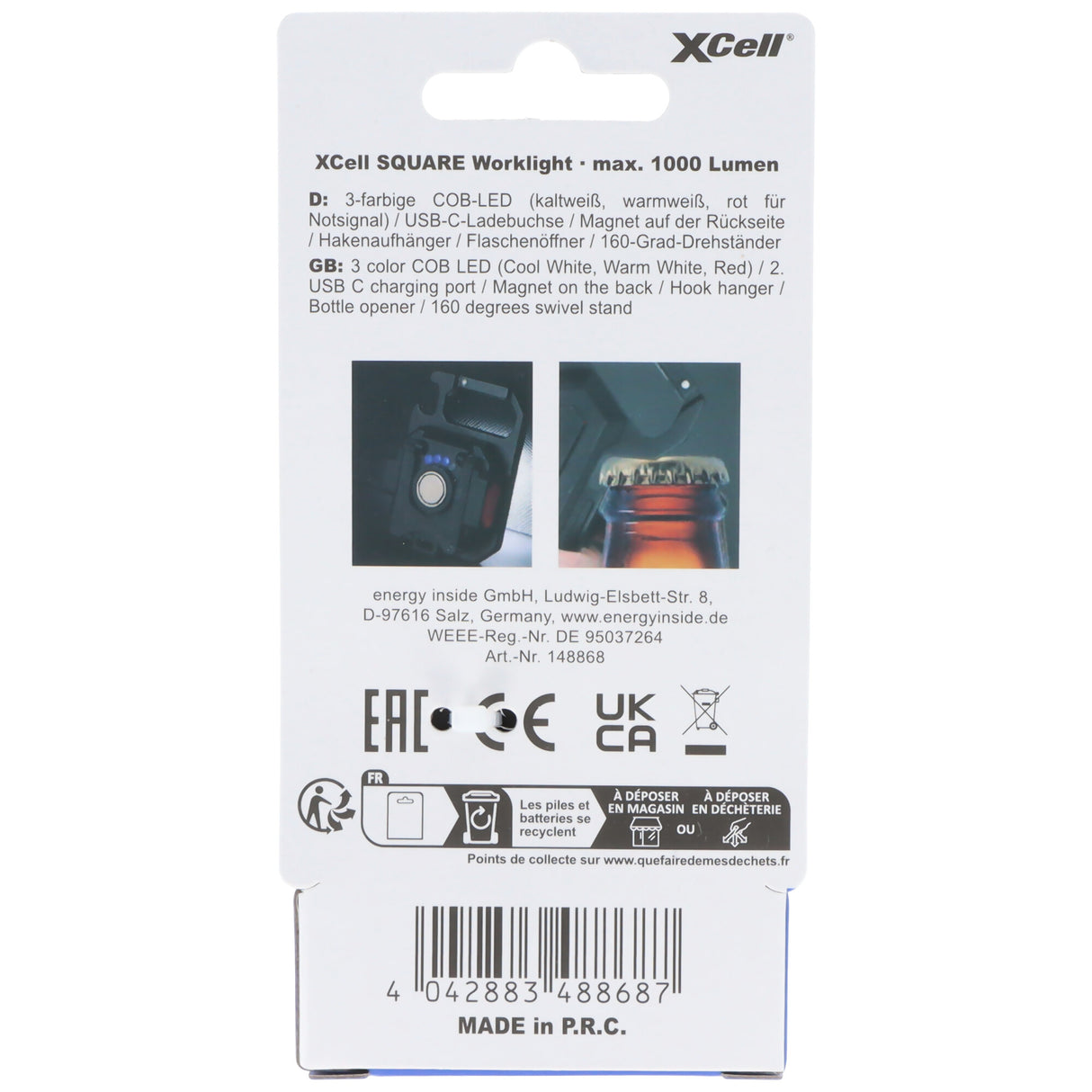 XCell Akku LED-Leuchte Square mit bis zu 1000 Lumen Helligkeit, Mini Leuchte, wiederaufladbar, 3-farbige COB-LED