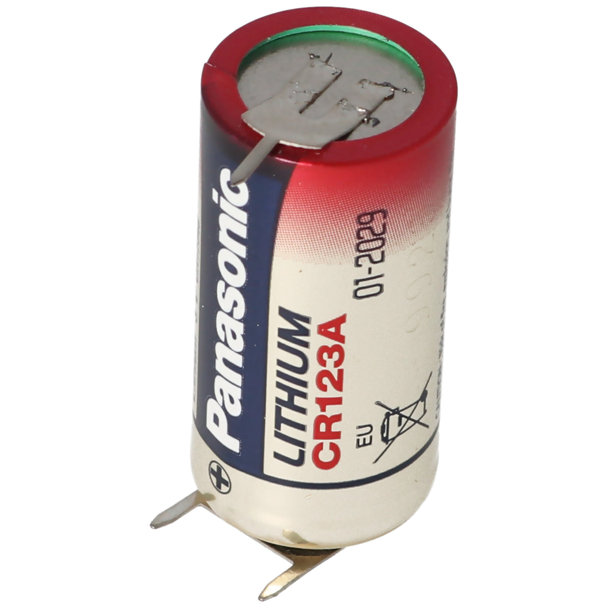 Panasonic CR123A Batterie mit 3er Printanschluss 2er Print + 1er Print - Kontakten, Spannung 3 Volt Rastermaß 10mm