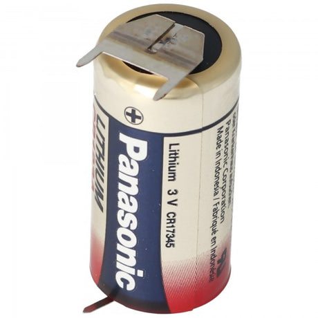 Panasonic CR123A Batterie mit 3er Printanschluss 2er Print + 1er Print - Kontakten, Spannung 3 Volt Rastermaß 10mm