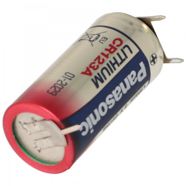 Panasonic CR123A Batterie mit 3er Printanschluss 2er Print + 1er Print - Kontakten, Spannung 3 Volt Rastermaß 10mm