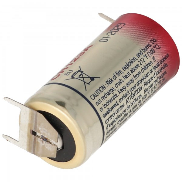 Panasonic CR123A Batterie mit 3er Printanschluss 2er Print + 1er Print - Kontakten, Spannung 3 Volt Rastermaß 10mm