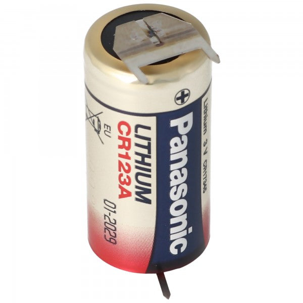 Panasonic CR123A Batterie mit 3er Printanschluss 2er Print + 1er Print - Kontakten, Spannung 3 Volt Rastermaß 10mm