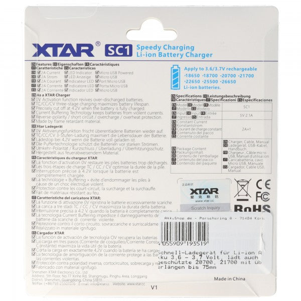 XTAR Schnell-Ladegerät für Li-Ion Akku 3,6 - 3,7V 20700, 21700 bis 75mm