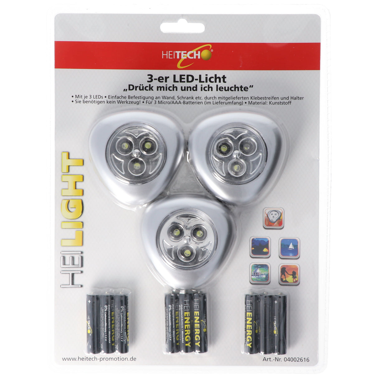 Heitech LED-Licht 3er-Set, Drück mich und ich leuchte, Mini LED-Leuchten, kabellos, inklusive Batterien