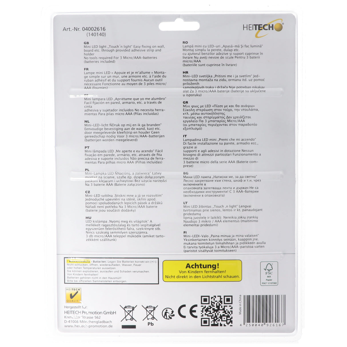 Heitech LED-Licht 3er-Set, Drück mich und ich leuchte, Mini LED-Leuchten, kabellos, inklusive Batterien