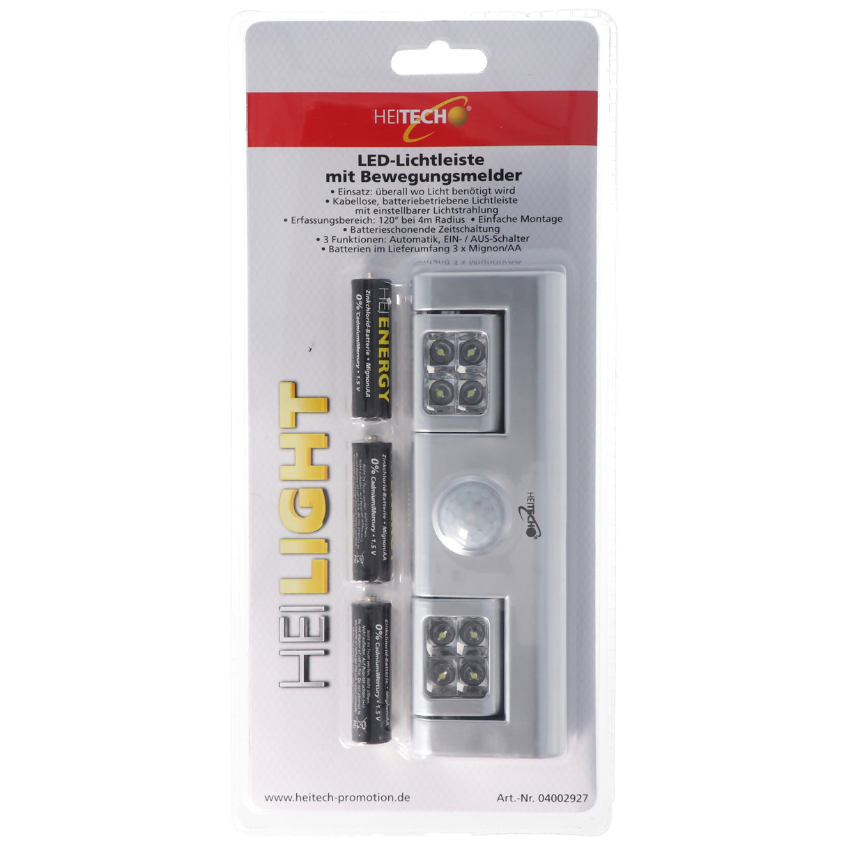 Heitech LED-Lichtleiste mit Bewegungsmelder, batteriebetriebene Lichtleiste, kabellos, inklusive 3x Mignon AA Batterien