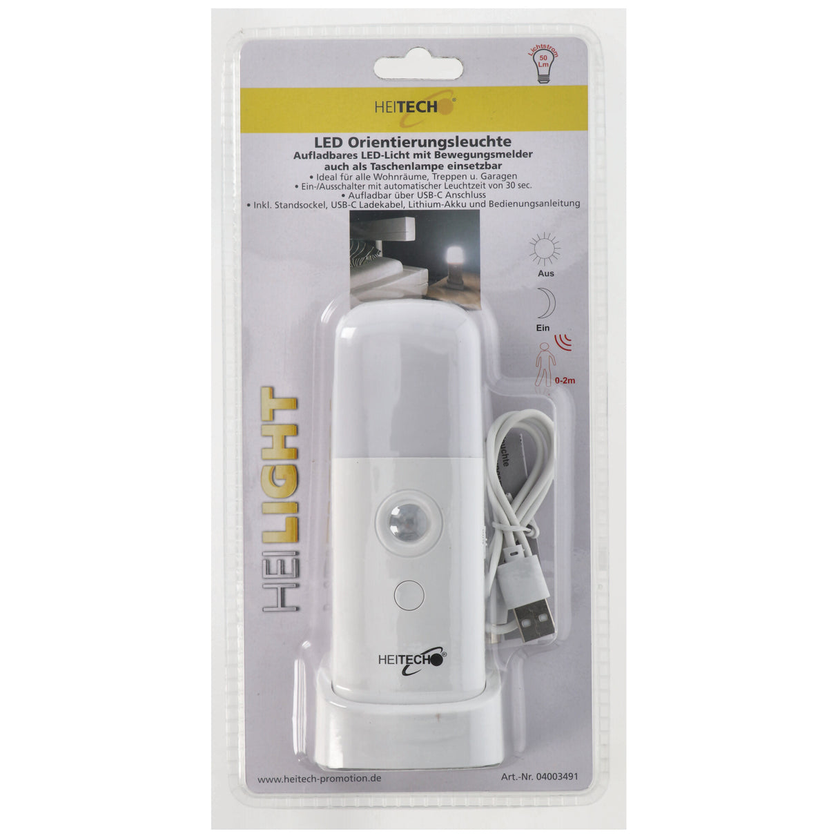 Heitech LED Orientierungsleuchte und Taschenlampe, 2-in-1 Funktion, aufladbare LED-Leuchte, mit Bewegungsmelder, aufladbar über USB-C Anschluss
