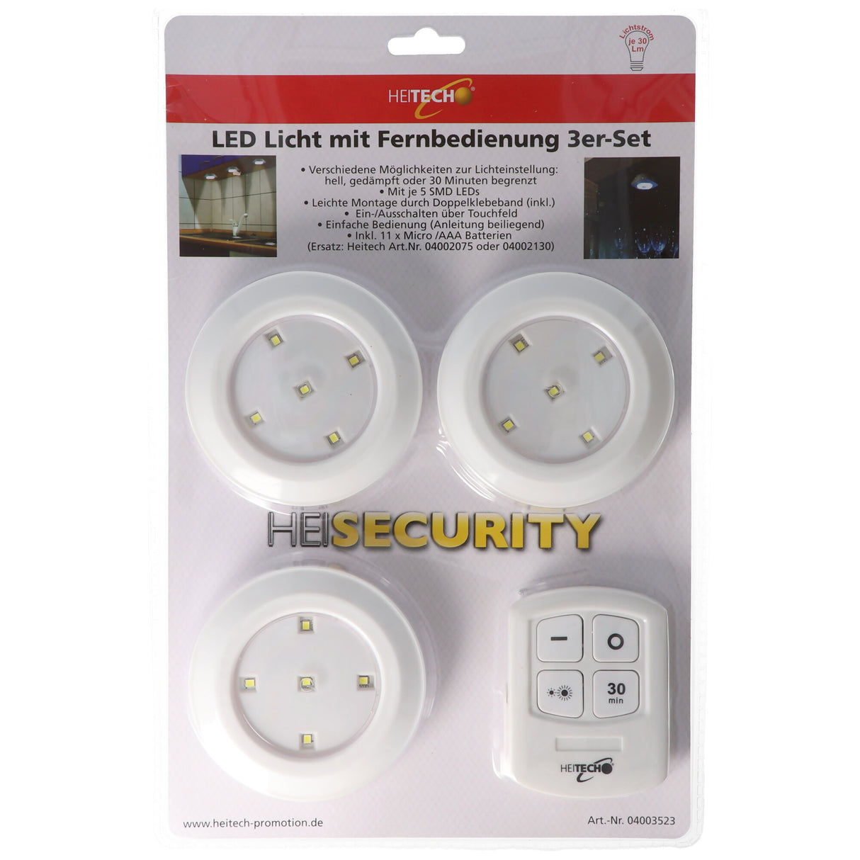 Heitech LED Leuchten im 3er Set inklusive Fernbedienung und Batterien, 3 LED Leuchten, mit Touchfeld