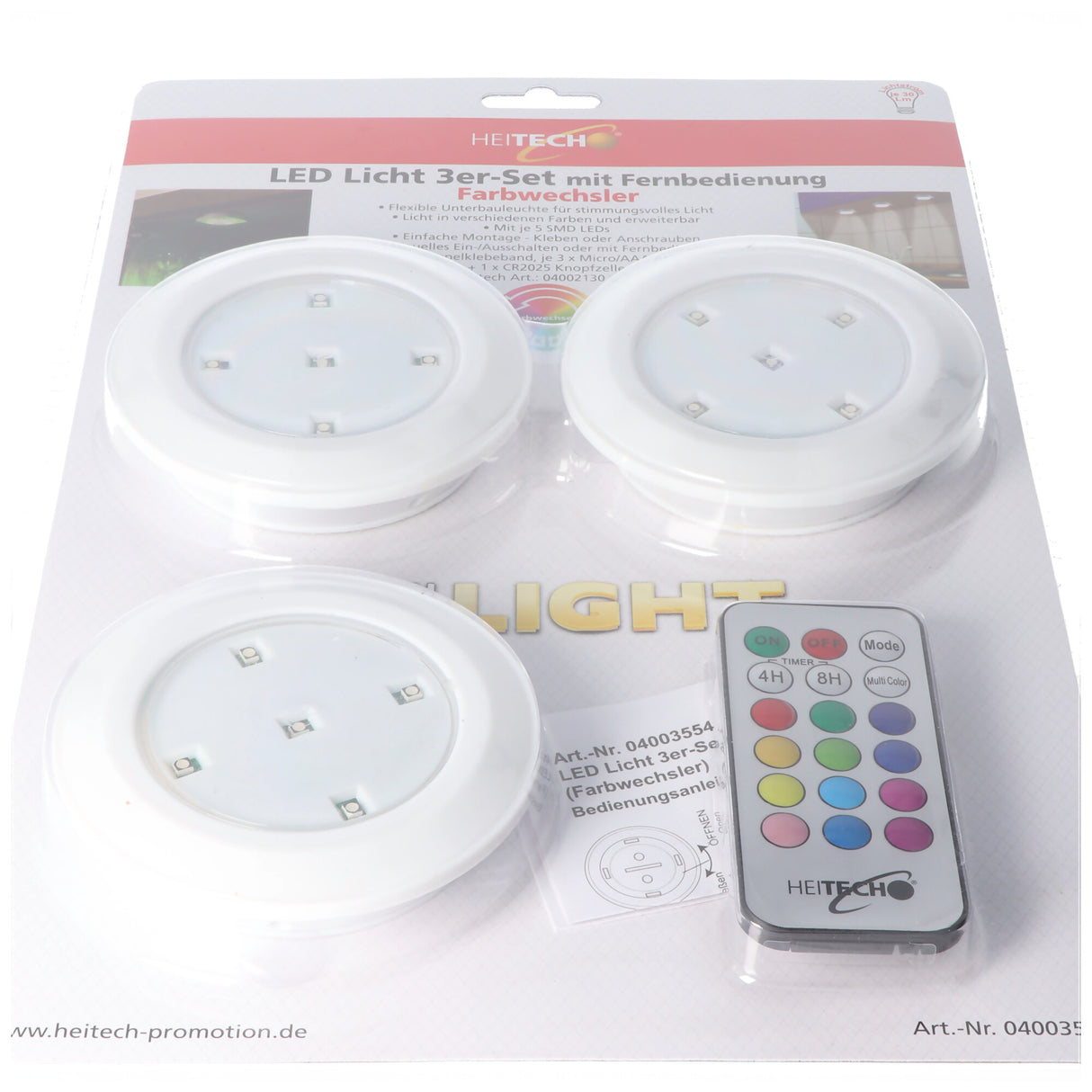 Heitech LED Licht 3er-Set mit Fernbedienung, flexible Unterbauleuchte mit Licht in verschiedenen Farben, inklusive 3x AAA Batterien und 1x CR2025 Batterie