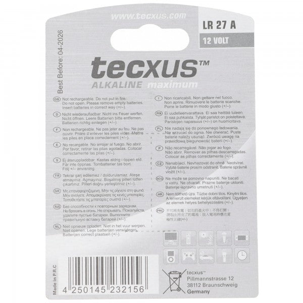 Tecxus LR27 A Alkaline Batterie L828, 12 Volt, Abmessungen 28,8 x 8 mm