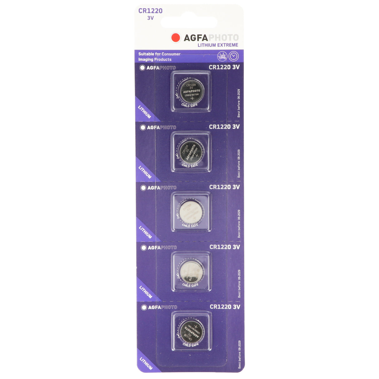 Agfaphoto Batterie Lithium, Knopfzelle, CR1220, 3V Extreme, Retail Blister (5-Pack)