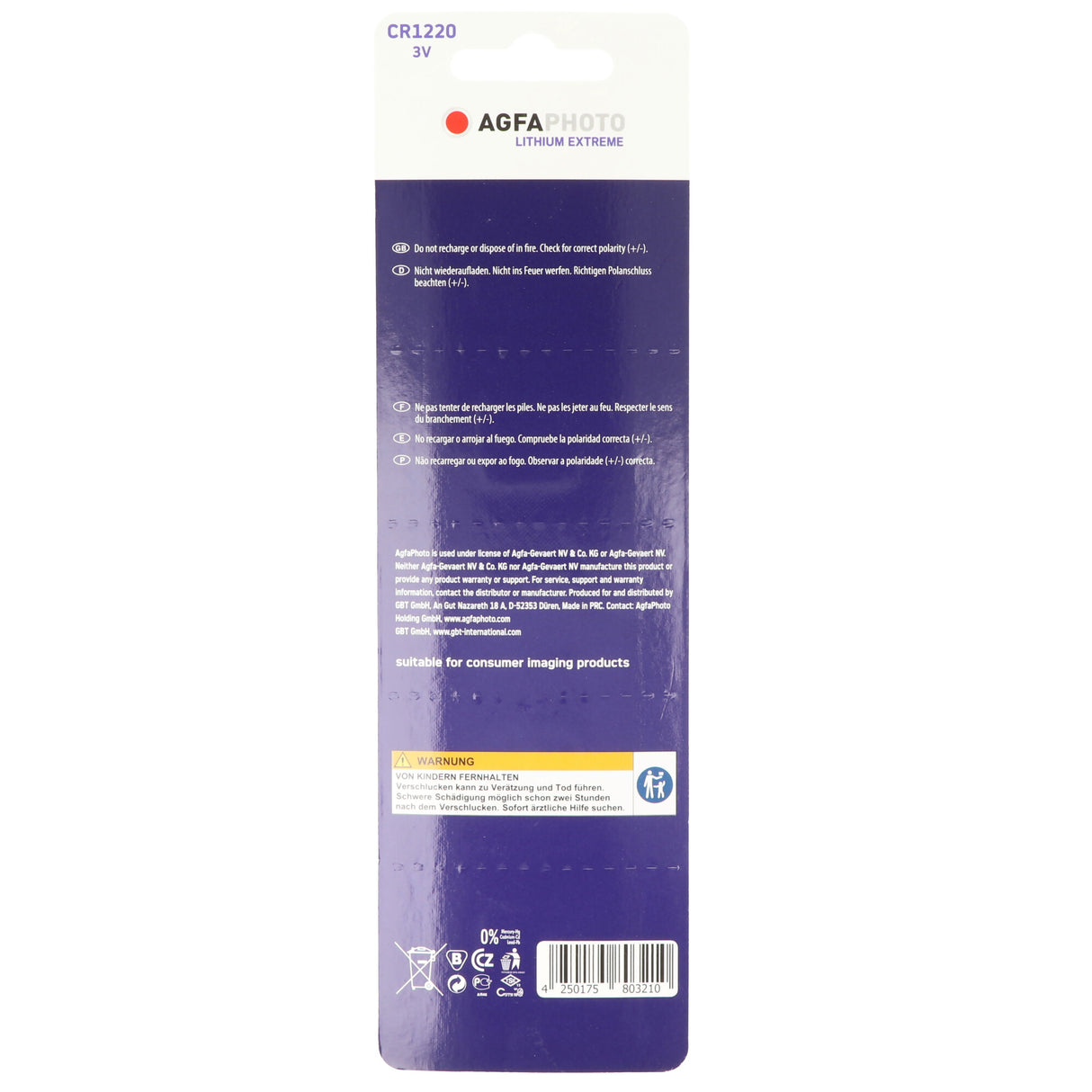 Agfaphoto Batterie Lithium, Knopfzelle, CR1220, 3V Extreme, Retail Blister (5-Pack)