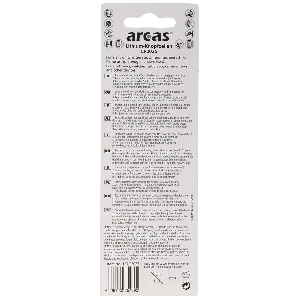 Arcas 5er-Sparset CR2025 Lithium Batterie