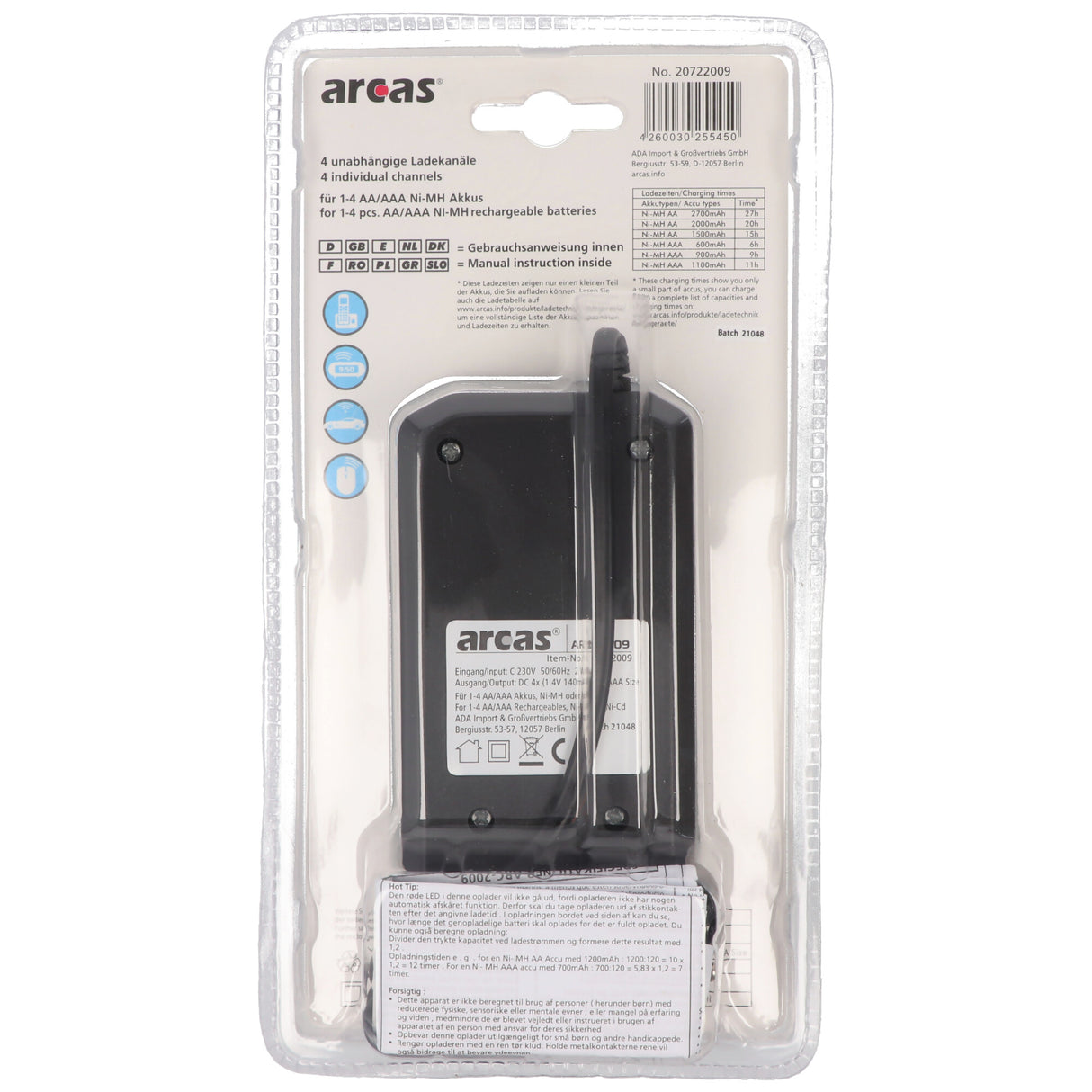 Arcas Ladegerät inklusive 4 Mignon AA NiMH Akkus mit 2700mAh zum Sparpreis