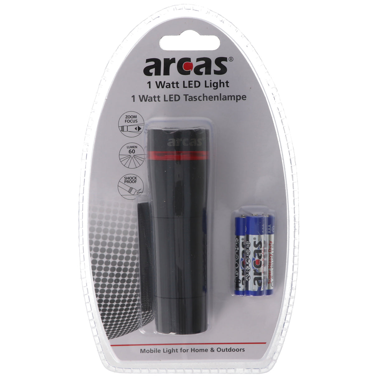 Arcas 1 Watt LED Zoom Taschenlampe mit Zoom max. 60 Lumen inklusive 3 AAA Micro Batterien