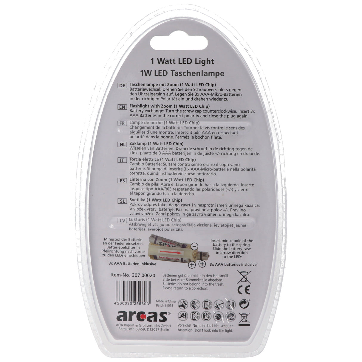 Arcas 1 Watt LED Zoom Taschenlampe mit Zoom max. 60 Lumen inklusive 3 AAA Micro Batterien