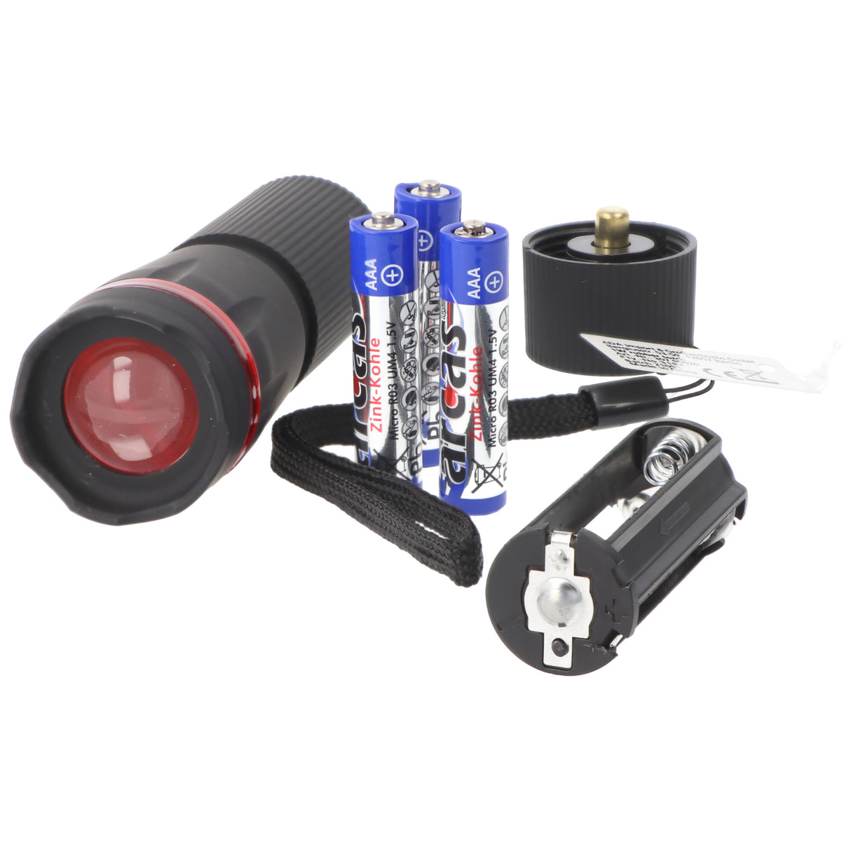 Arcas 1 Watt LED Zoom Taschenlampe mit Zoom max. 60 Lumen inklusive 3 AAA Micro Batterien