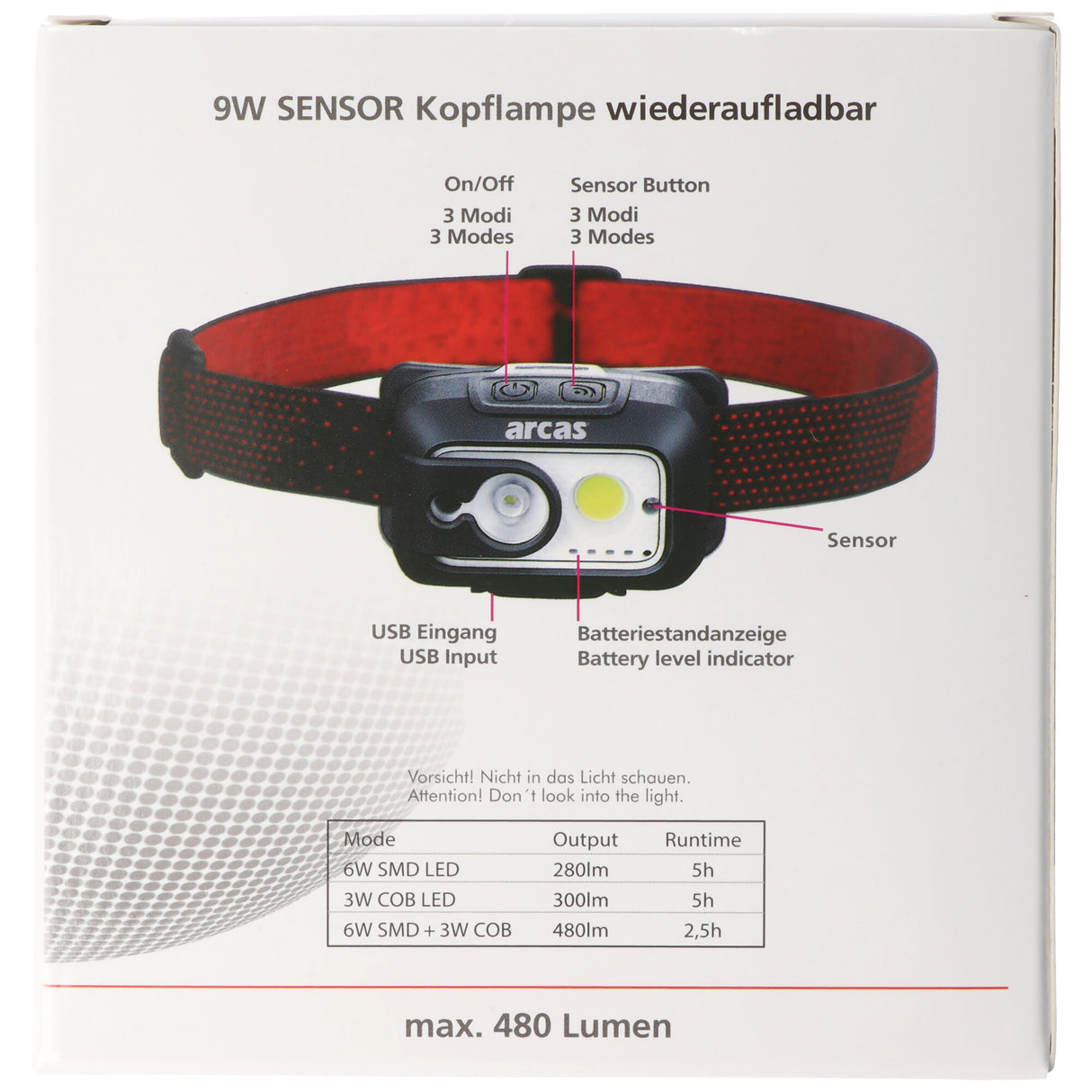 Arcas 9 Watt Sensor Kopflampe, LED Stirnlampe, 6 Beleuchtungsmodi, Nylon-Kopfband, wiederaufladbar per USB-C