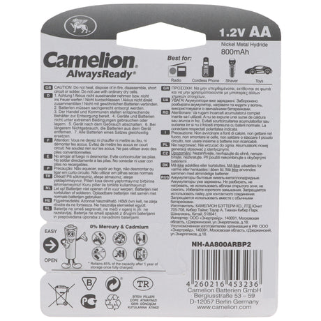 Camelion 12 Stück Vorteilspack AA, Mignon LR6, HR6, NiMH Akku mit 1,2V 800mAh in 2er Blisterverpackung, Always Ready mit geringer Selbstentladung, Ready to Use Akku