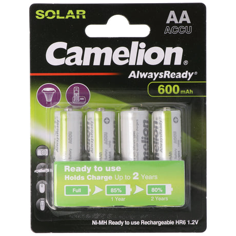 Camelion AA, Mignon LR6, HR6, NiMH Akku mit 1,2V 600mAh in 4er Blisterverpackung, Always Ready mit geringer Selbstentladung, Ready to Use Akku
