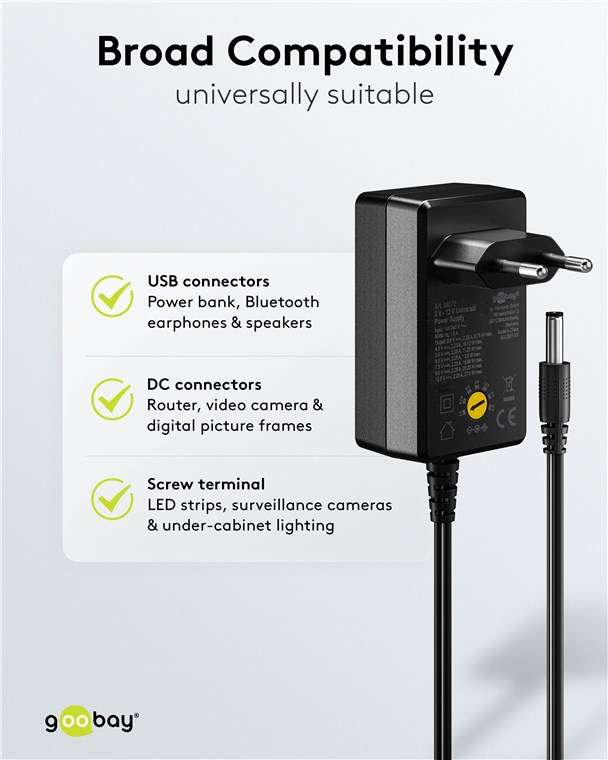 Goobay Universal-Netzteil (3 V - 12 V, max. 27 W / 2,25 A) - inkl. 11 Adapter: 7 DC-Adapter plus USB-C™, USB-A, USB Mini-B, Micro-USB und Schraubklemmenanschluss