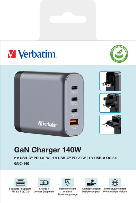 Verbatim Ladeadapter, Universal, GNC-140, GaN, 140W, grau 1x USB-A QC, 3x USB-C PD, Retail