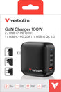 Verbatim Ladeadapter, Mini GaN, 100W, schwarz 1x USB-A QC, 3x USB-C PD