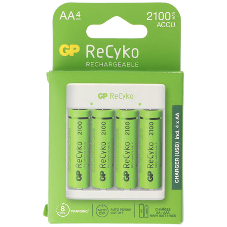GP Batteries USB-Modell Ladegerät GP E411 inkl. 4x ReCyko 1,2V AA Mignon 2100 mAh Akkus