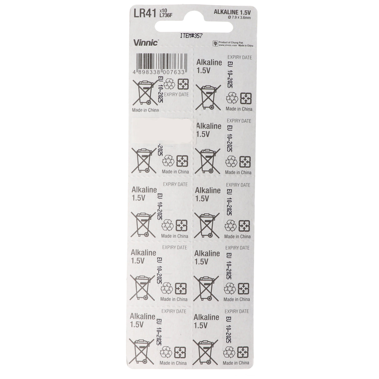Vinnic 10 Stück Alkaline Batterie AG3, LR41 Alkaline Batterie L736F, AG3, L736 F, G3, G3A, SR41