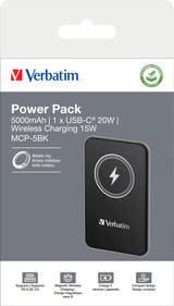 Verbatim Akku Powerbank, 5.000mAh, MCP-5GN, grau Magnetic Wireless, USB-C, QC-PD 3.0, Retail-Blister