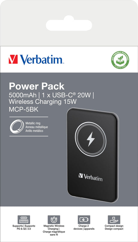 Verbatim Akku Powerbank, 5.000mAh, MCP-5GN, grau Magnetic Wireless, USB-C, QC-PD 3.0, Retail-Blister