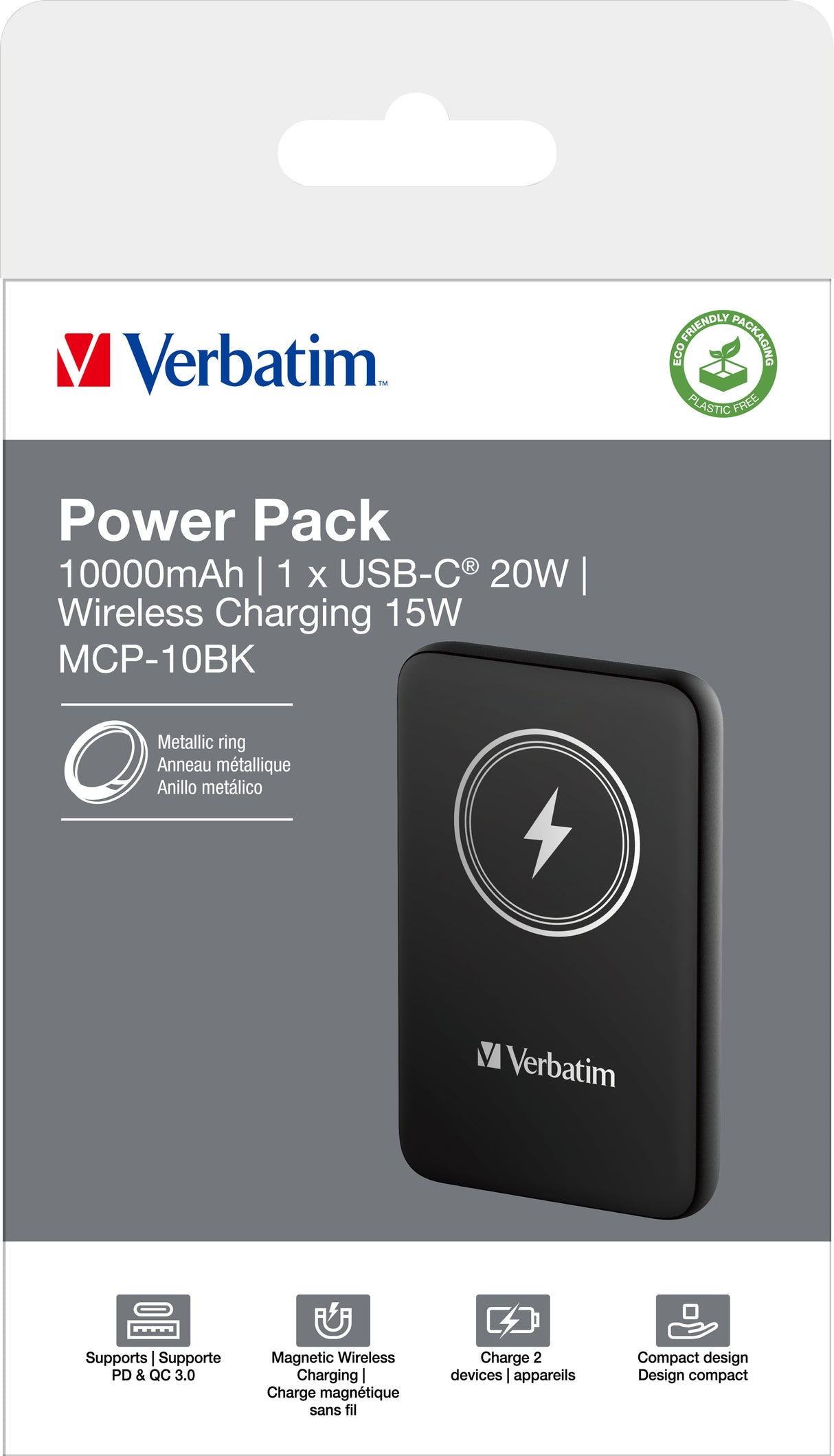 Verbatim Akku Powerbank, 10.000mAh, MCP-10GN, grau Magnetic Wireless, USB-C, QC-PD 3.0, Retail-Blister