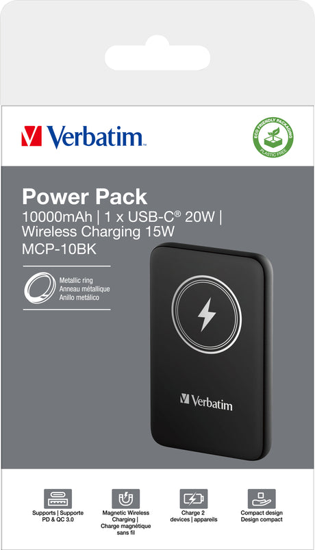 Verbatim Akku Powerbank, 10.000mAh, MCP-10GN, grau Magnetic Wireless, USB-C, QC-PD 3.0, Retail-Blister