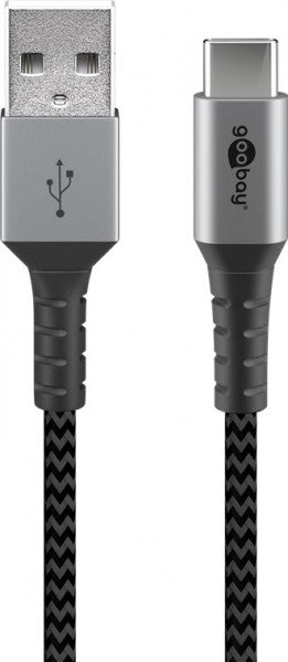 Goobay USB-C auf USB-A Textilkabel mit Metallsteckern, extra-robustes Verbindungskabel für Geräte mit USB-C Anschluss, optimierter Knickschutz