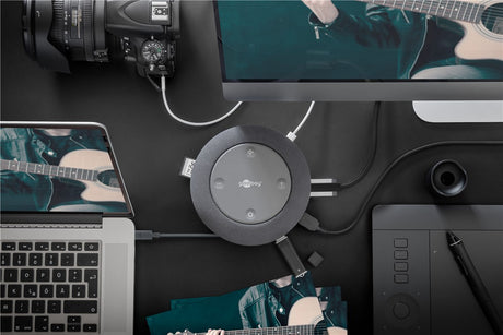 Goobay USB-C 12 in 1 Multiport Dock mit Wireless Fast Charging, vereint die gängigsten Anschlüsse, Stromabgabe 100 W, integrierter Multimedia-Lautsprecher