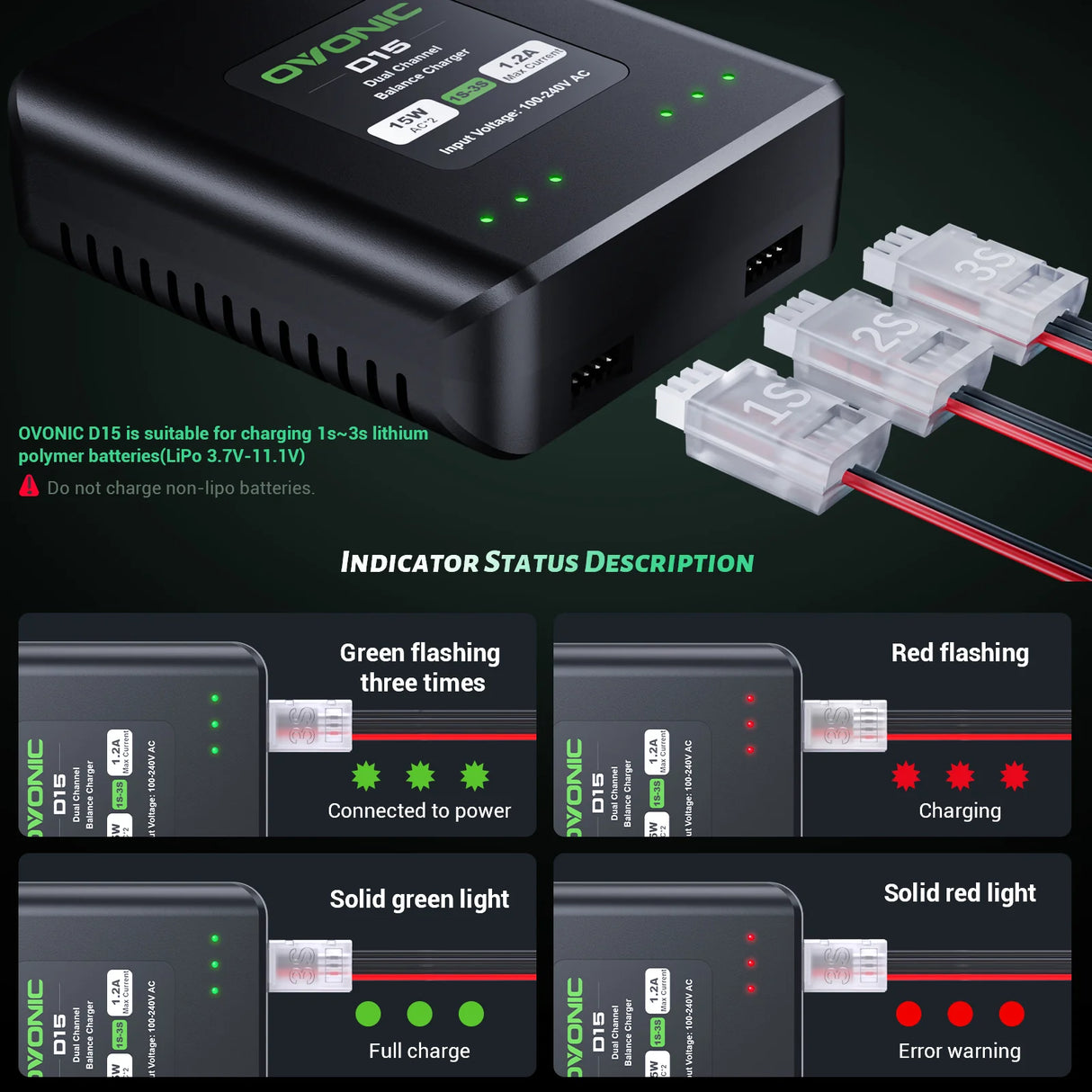 Ovonic D15 Dual Lipo Batterie Ladegerät 30W AC100-240V LiPo Balance Ladegerät