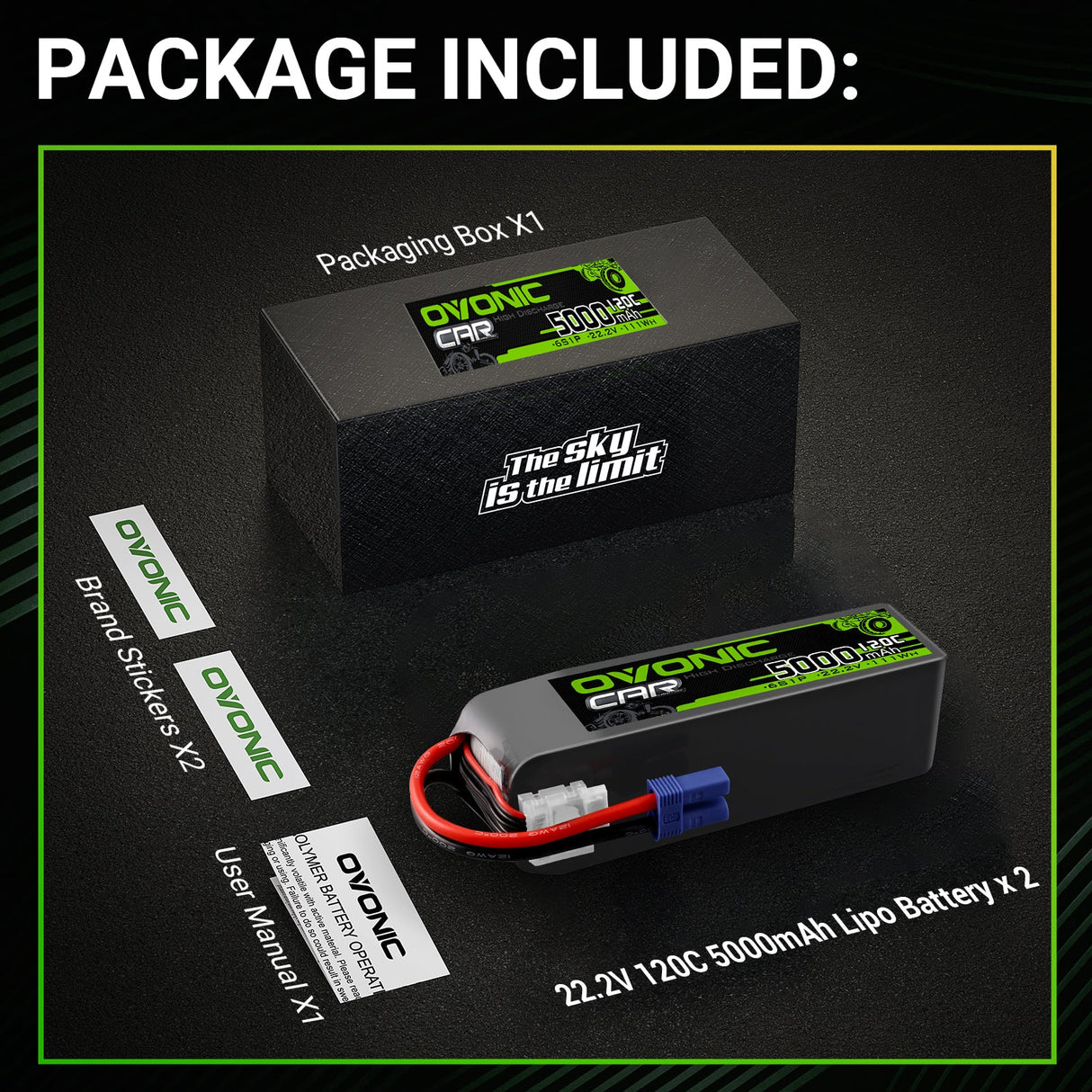Ovonic Car 6S 5000mAh 22,2V 120C Lipo-Akkupack mit EC5-Stecker (2 Stück)