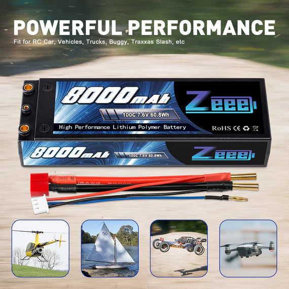 Zeee 2S 8000mAh 7,6V 100C HV LiPo Hardcase 4mm Bullet zu Deans