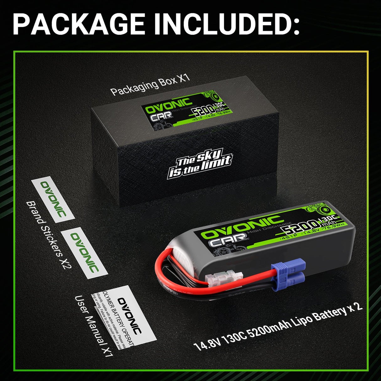 Ovoniv Car 4S 5200mAh Lipo Akku 130C 14,8V RC Lipo Akku mit EC5 Stecker (2 Stück)