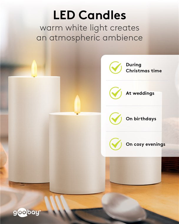 Goobay 3er-Set LED-Kerzen "Outdoor" LED-Beleuchtung mit Fernbedienung, für den Innen- und Außenbereich (IP44) warmweiß (3000 K) batteriebetrieben