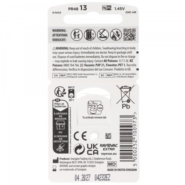 Rayovac HA13 PR48 Hörgeräte Batterien Extra Advanced 8er Sparpack 6 + 2 Gratis 5000252100973, Lieferung besteht aus 8 Stück Batterien