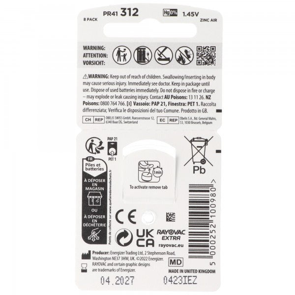 Rayovac HA312 PR41 Hörgeräte Batterien Extra Advanced 8er Sparpack 6 + 2 Gratis 5000252100980 ( 8 St.)